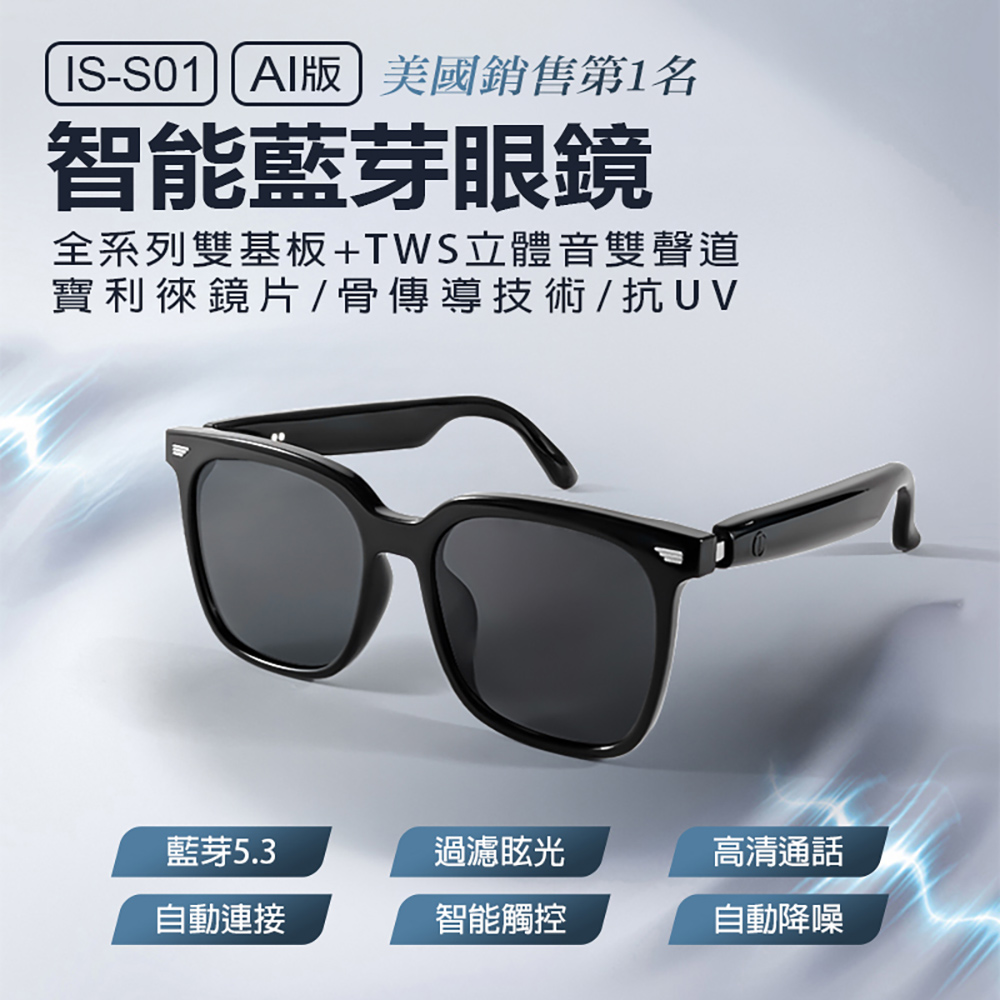 IS-S01 AI版 智能變色藍芽眼鏡(全系列雙基板+TWS立體音雙聲道 骨傳導技術寶利徠鏡片)