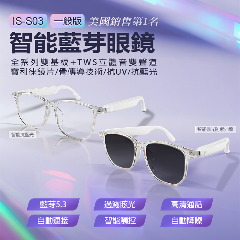 IS-S03 智能變色藍芽眼鏡(全系列雙基板+TWS立體音雙聲道 骨傳導技術寶利徠鏡片)