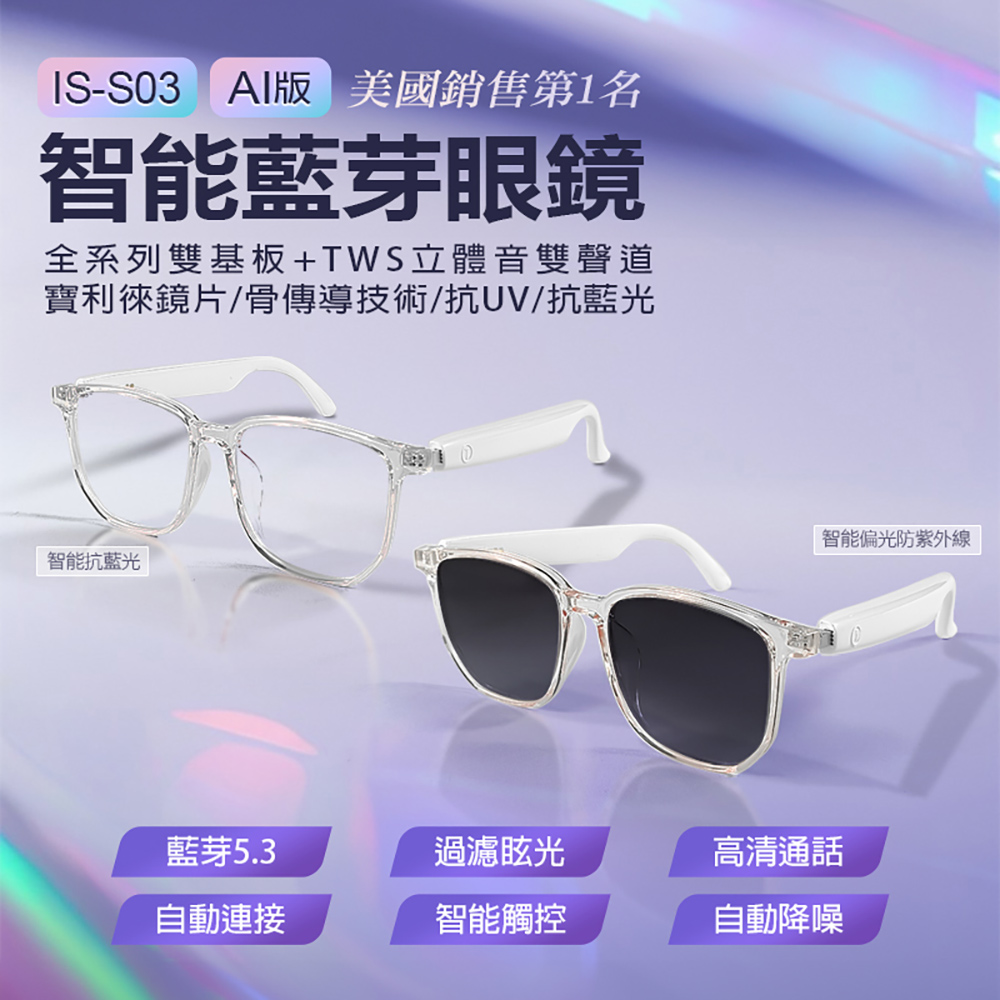 IS-S03 AI版 智能變色藍芽眼鏡(全系列雙基板+TWS立體音雙聲道 骨傳導技術寶利徠鏡片)
