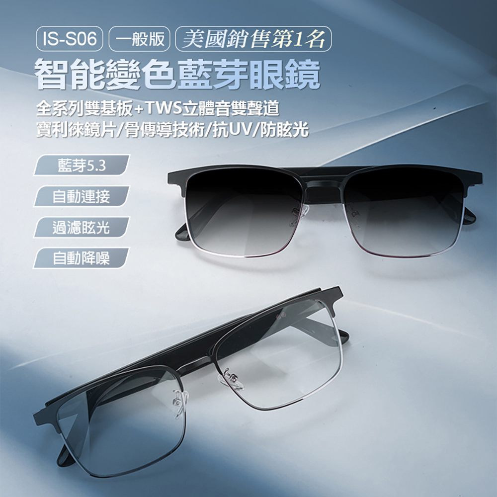 IS-S06 智能變色藍芽眼鏡(全系列雙基板+TWS立體音雙聲道 骨傳導技術 寶利徠鏡片)