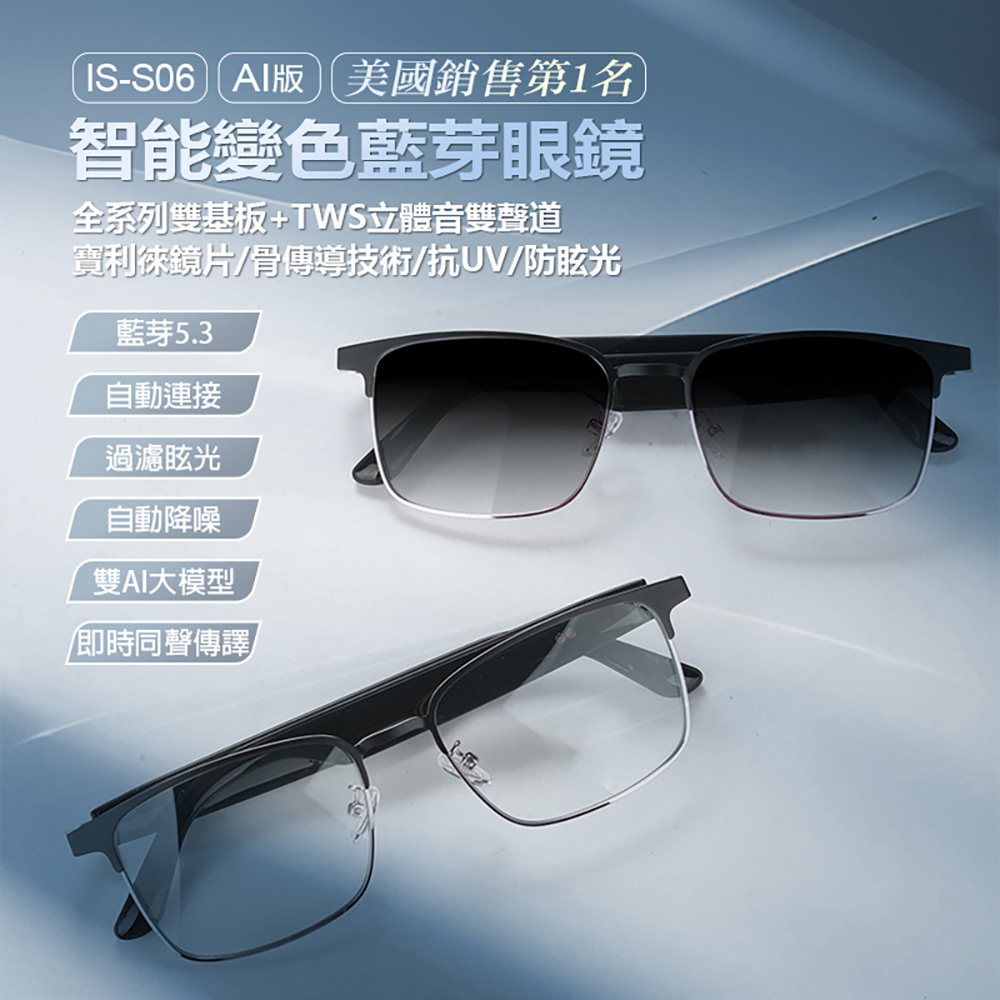 IS-S06 AI版 智能變色藍芽眼鏡(全系列雙基板+TWS立體音雙聲道 骨傳導技術寶利徠鏡片)