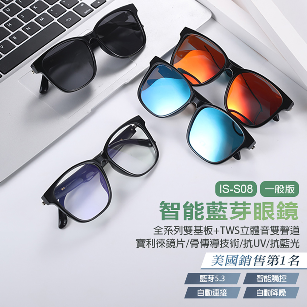 IS-S08 智能變色藍芽眼鏡(全系列雙基板+TWS立體音雙聲道 骨傳導技術 寶利徠鏡片)