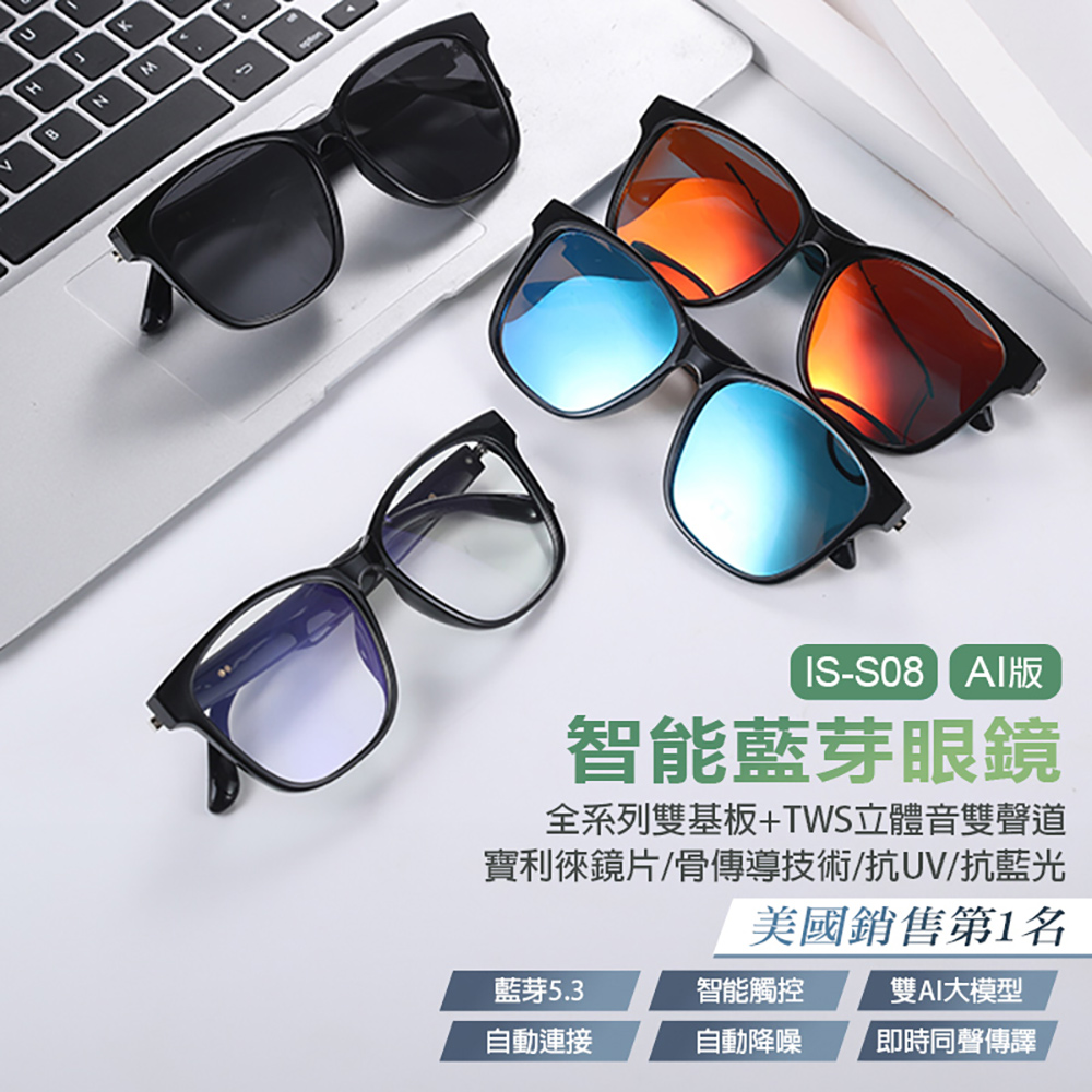 IS-S08 AI版 智能變色藍芽眼鏡(全系列雙基板+TWS立體音雙聲道 骨傳導技術寶利徠鏡片)