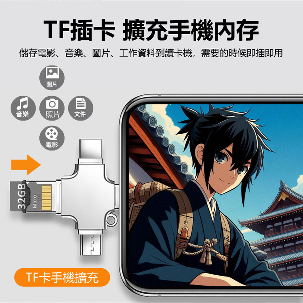 IS-OT5 OTG多功能四合一鋁合金讀卡機(蘋果+Type-C+MicroUSB+USB接頭+TF插槽)