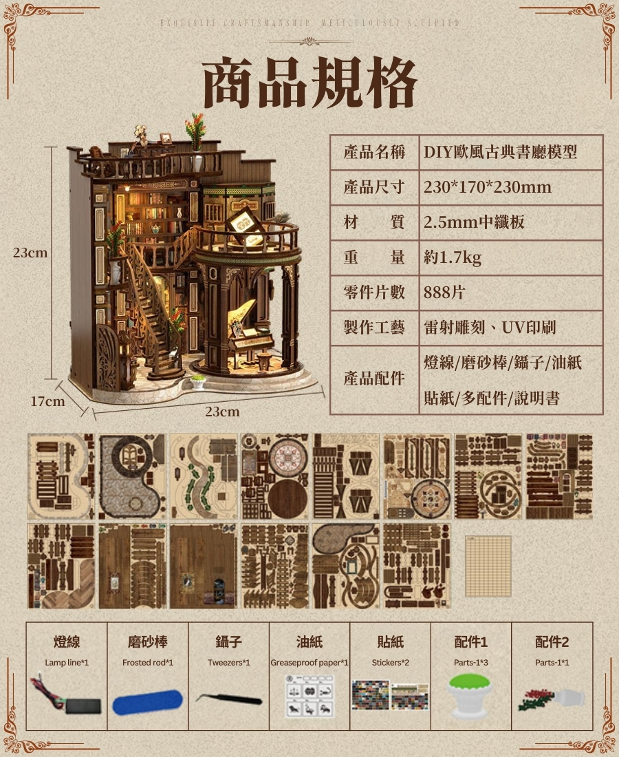 木質 歐風古典書廳模型 DIY模型 小夜燈 立體 木製 玩具 拼圖 拼裝 夜燈 益智 禮物 3D 生日禮物