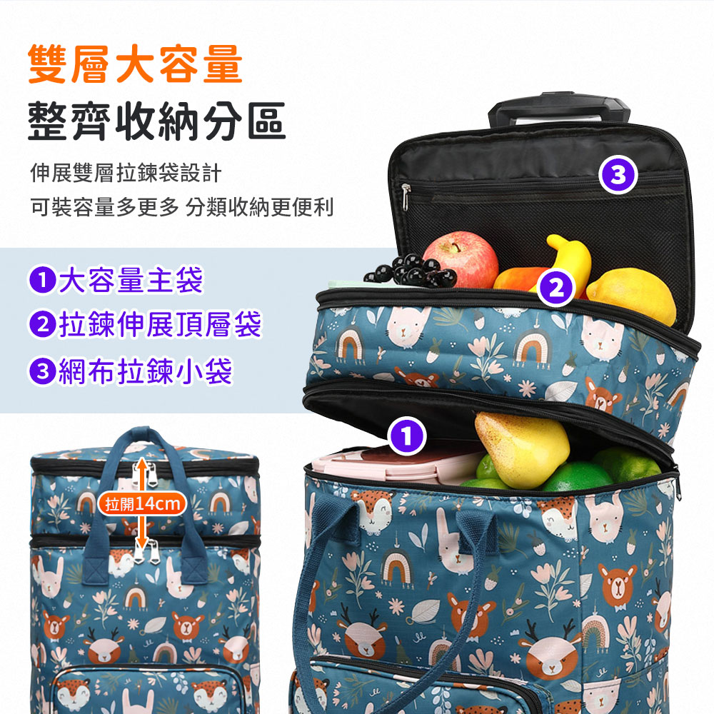 可擴展雙層平推式萬向5輪折疊拉桿保溫購物車