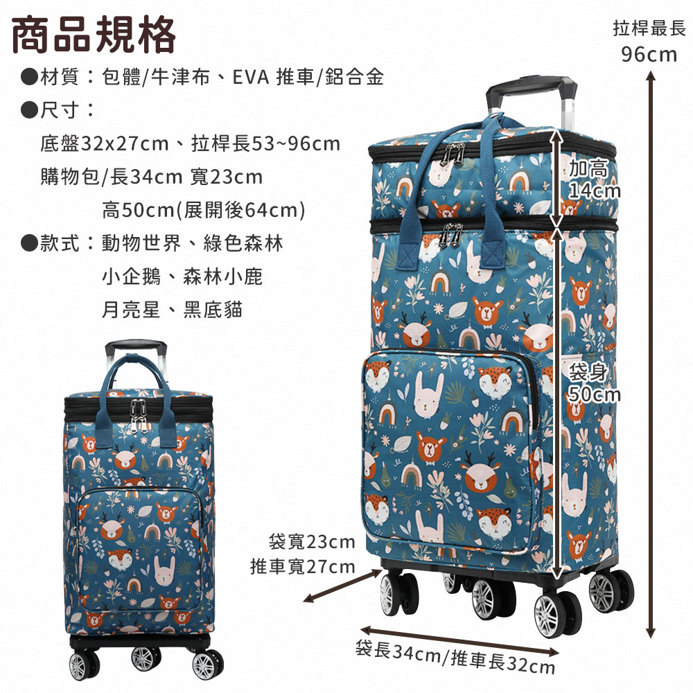 可擴展雙層平推式萬向5輪折疊拉桿保溫購物車