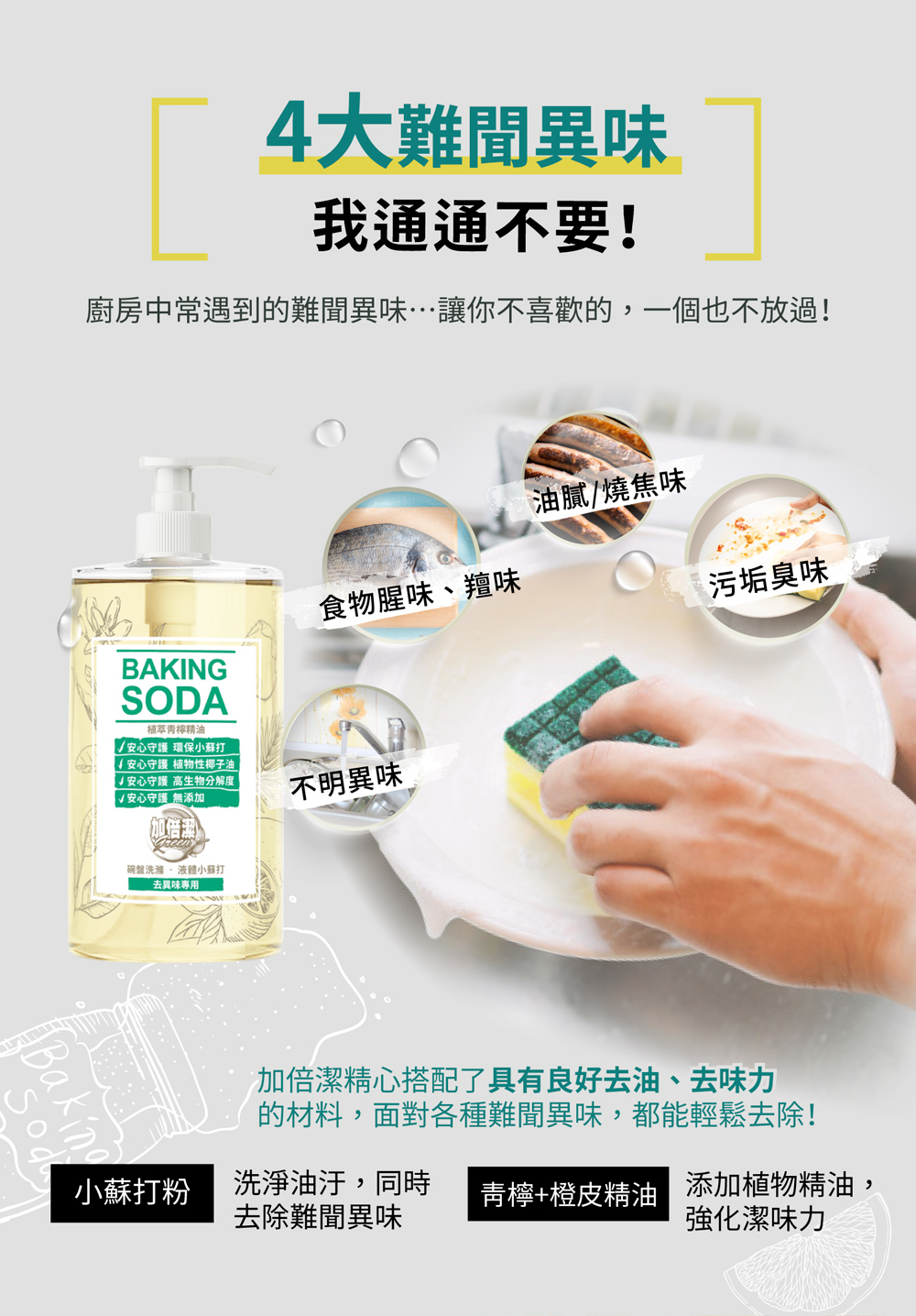  【加倍潔】 碗盤洗滌 液體小蘇打洗碗精瓶裝1000g.補充包800g