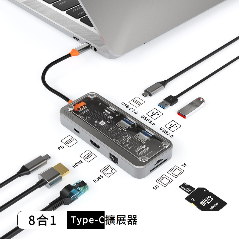 高品質 8合1 Type-C HUB 8合1多功能擴展塢擴展器 PD充電 USB-C轉換器 HDMI轉接器 USB3.0集線器
