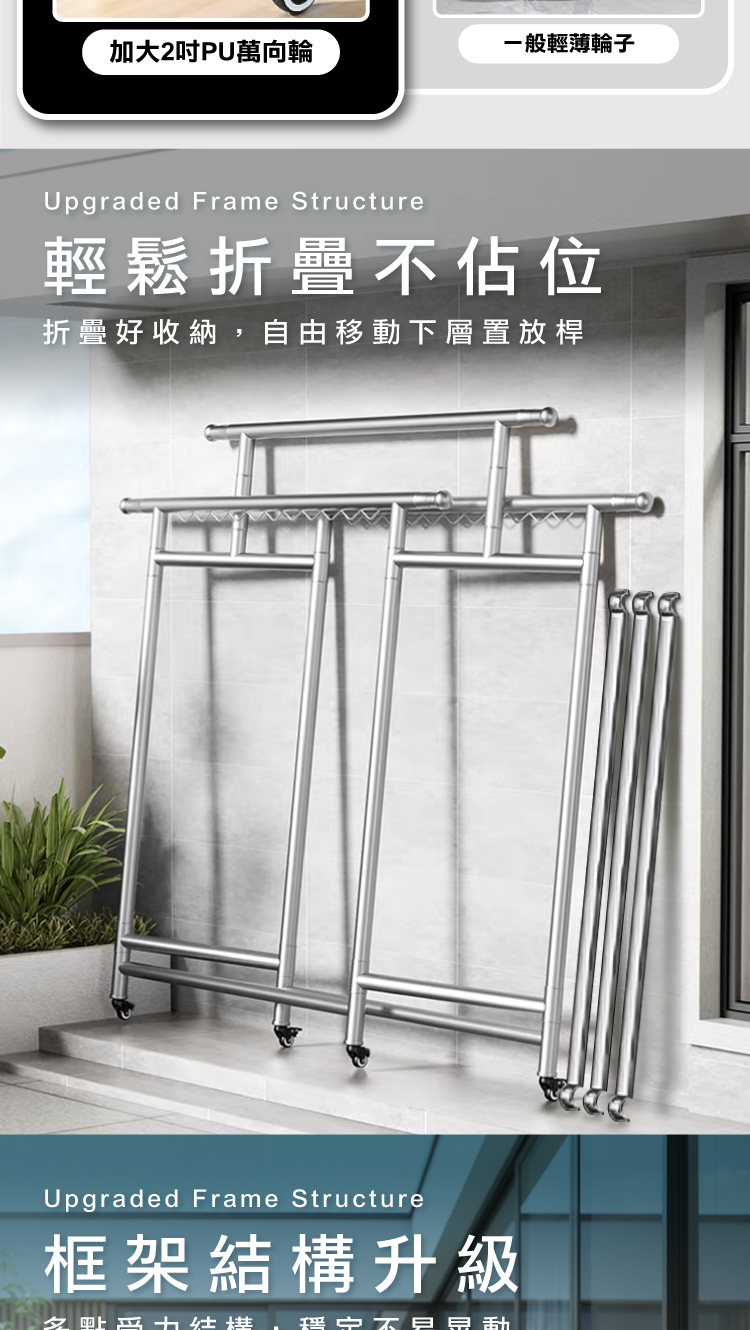 【ANDYMAY2】艾加旗艦超荷重三桿H型不鏽鋼摺疊曬衣架_200寬加大附輪((OH-K136)