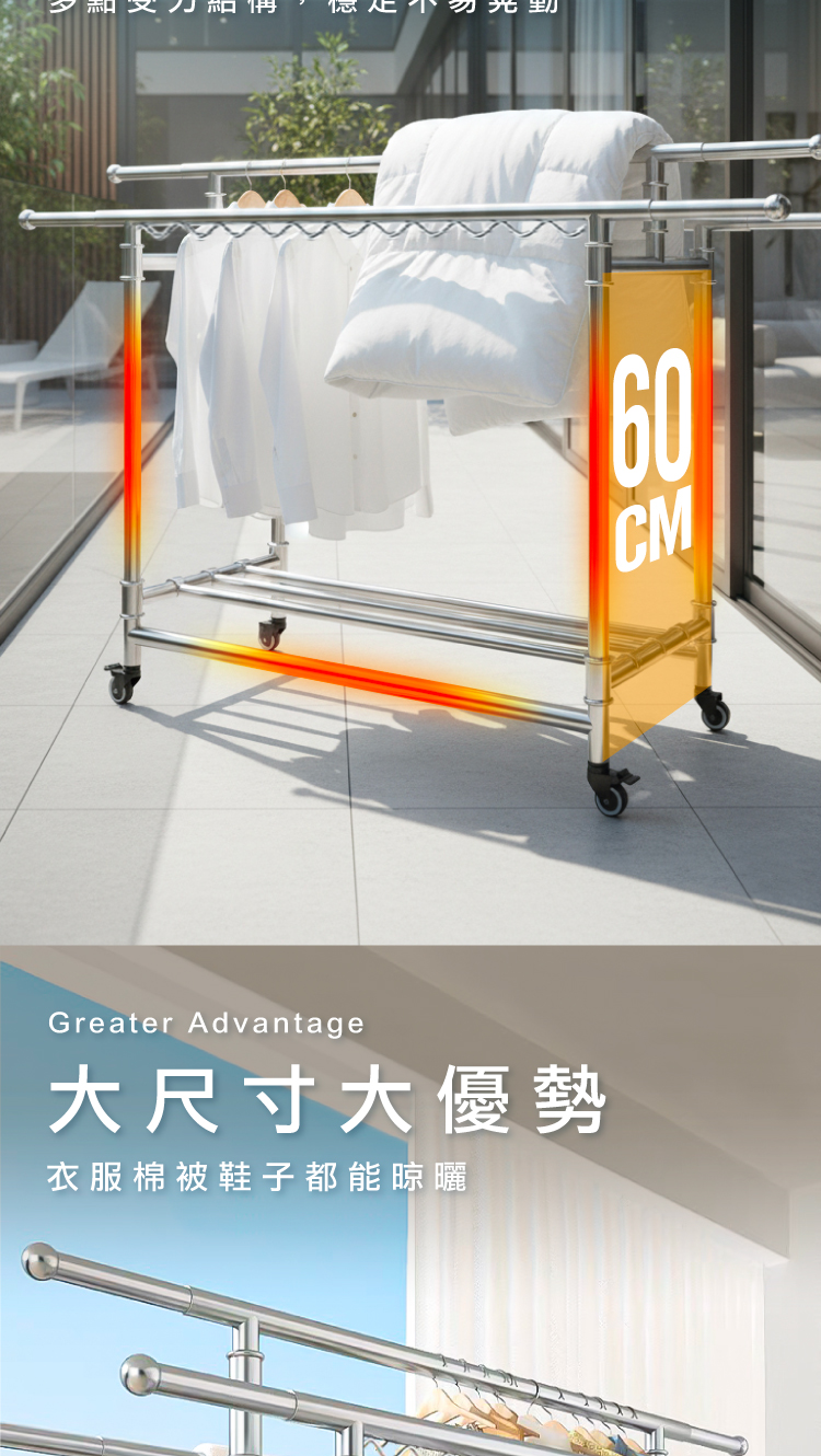 【ANDYMAY2】艾加旗艦超荷重三桿H型不鏽鋼摺疊曬衣架_200寬加大附輪((OH-K136)