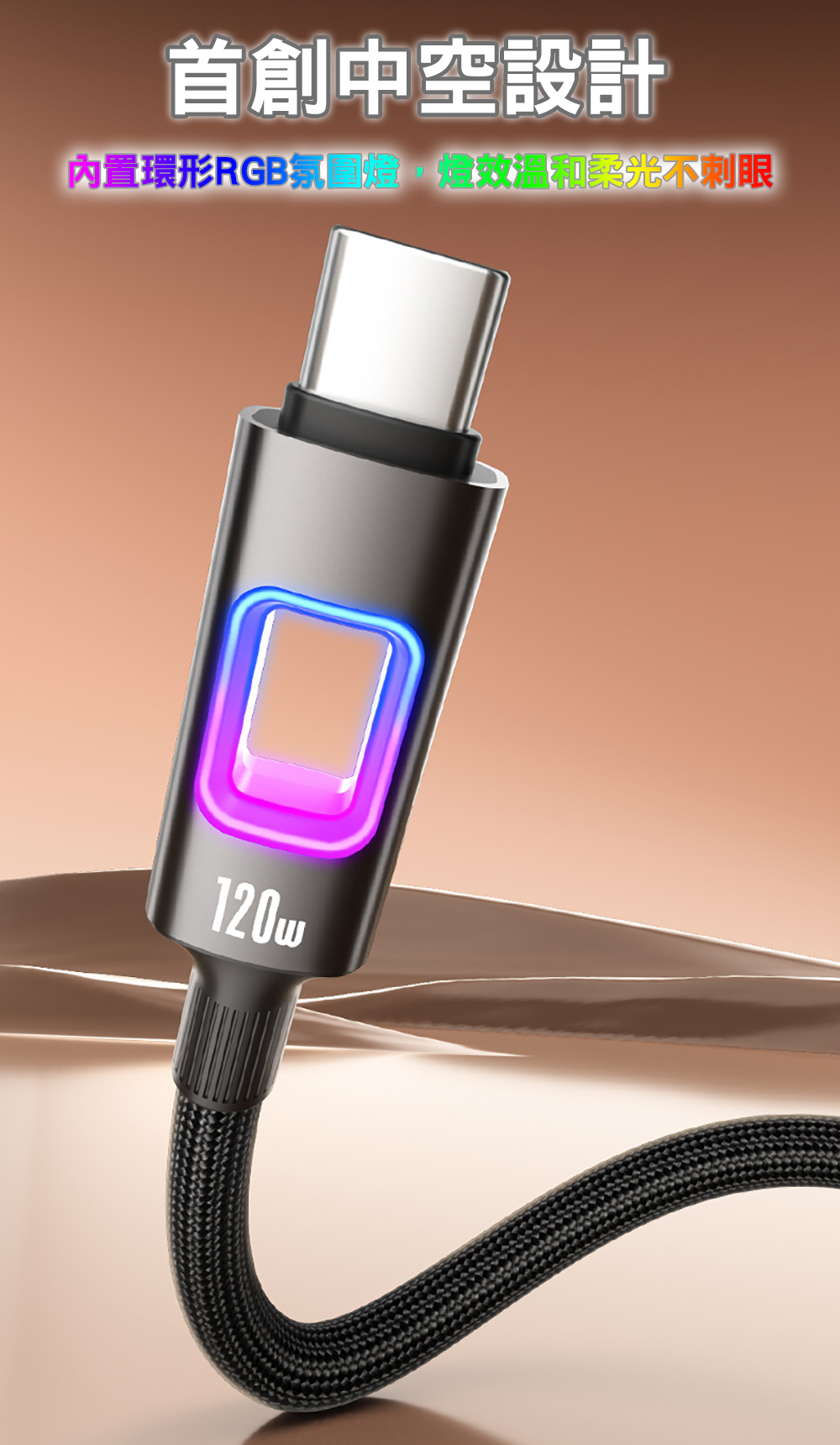 PD 120W 中空炫彩手機閃充編織線