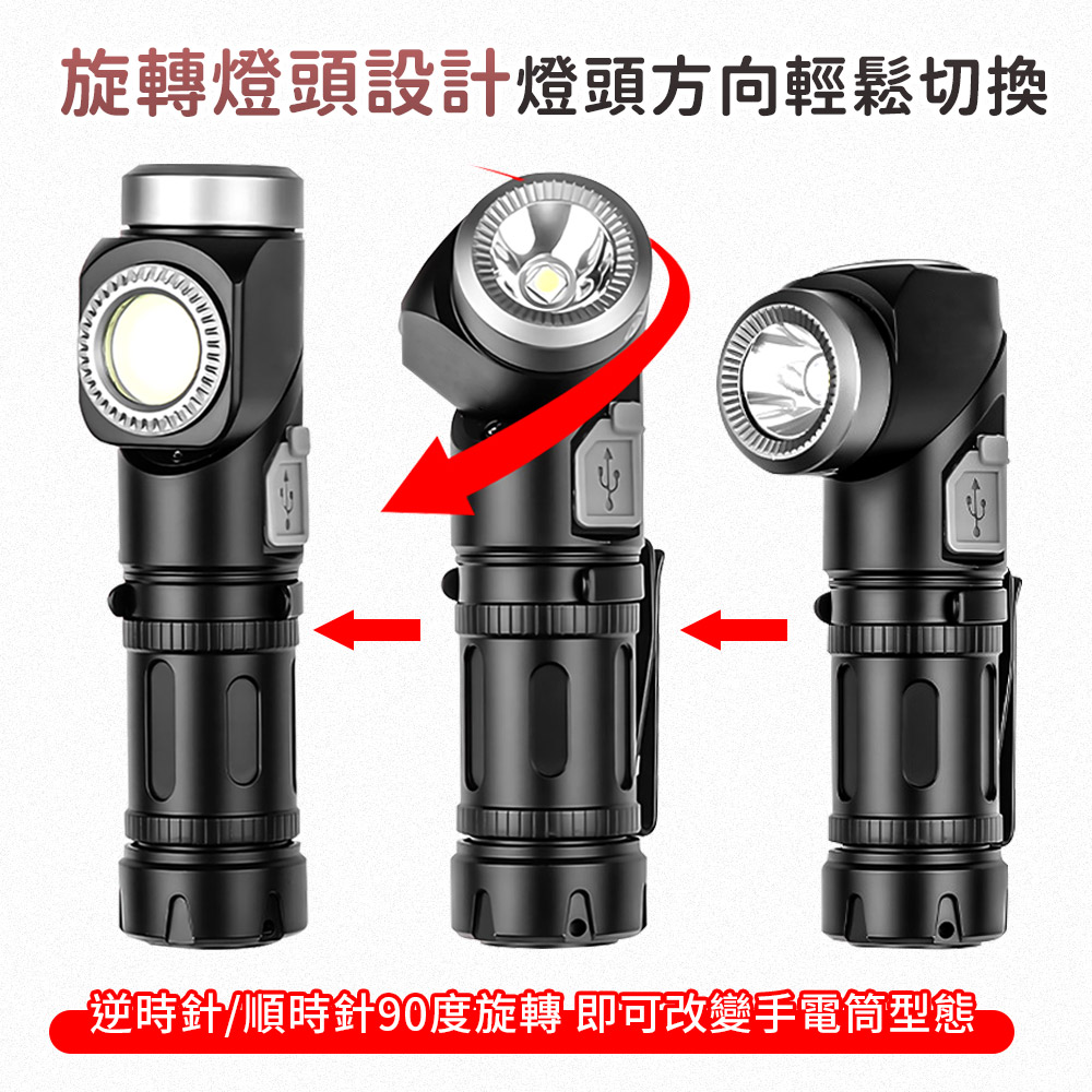 雙頭90°旋轉磁吸強光頭燈手電筒