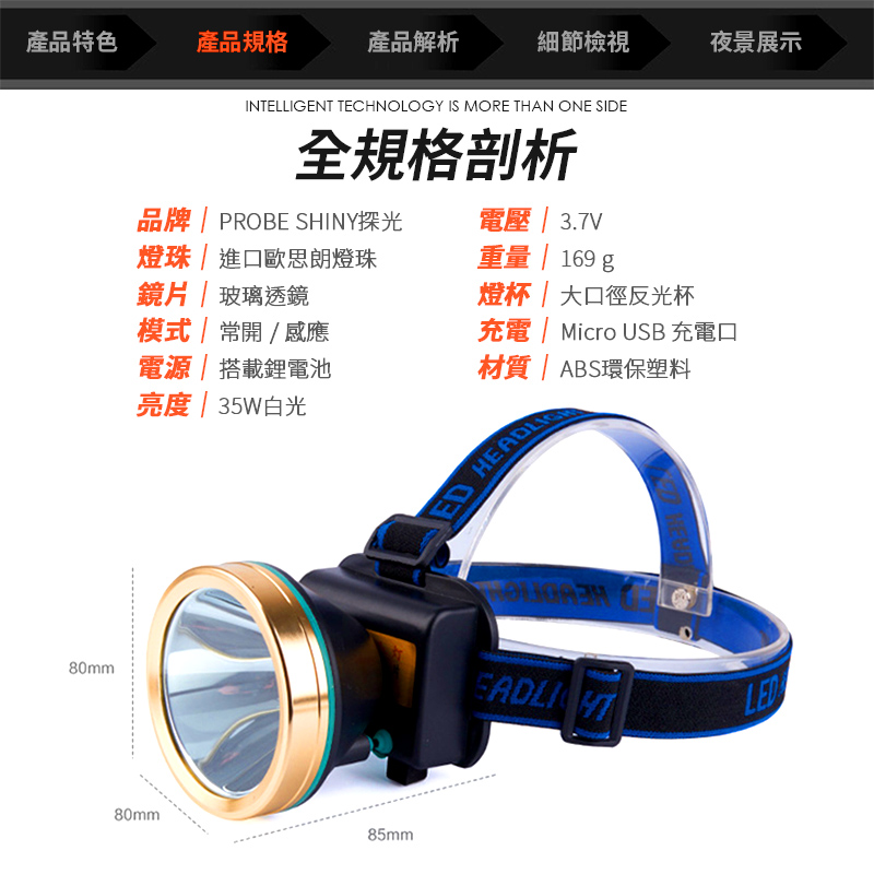 探照投射 白光投射頭燈 2檔模式 感應模式 75°旋轉 附贈頭帶 多功能使用 頭燈 照明 燈具 探照