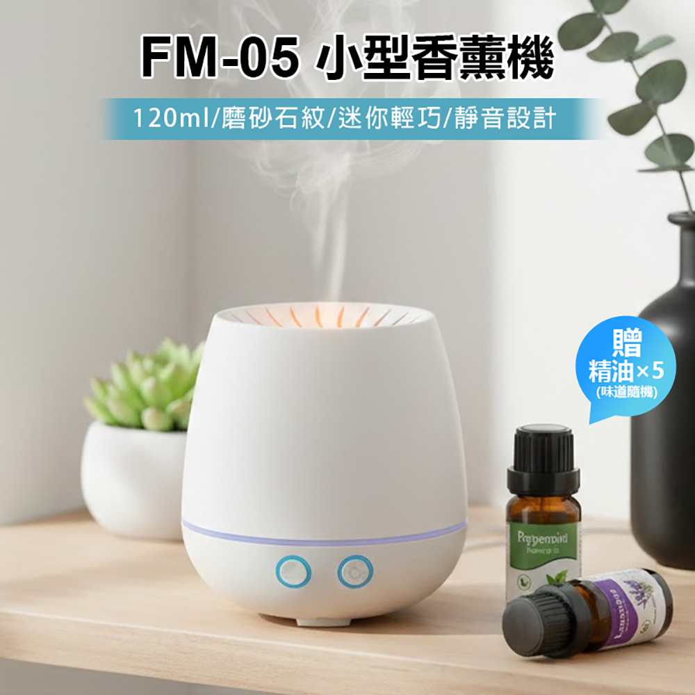 FM-05 小型香薰機 贈5瓶精油(120ml 磨砂石紋 迷你輕巧 靜音設計 香氛機)