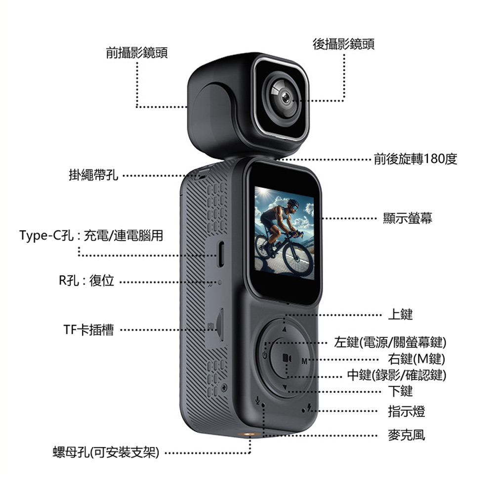 Q3 SHOT 4K雙鏡頭高畫質錄影180度旋轉鏡頭夜視帶彩屏WiFi便攜防手震運動攝影機(循環錄影 TF插卡)