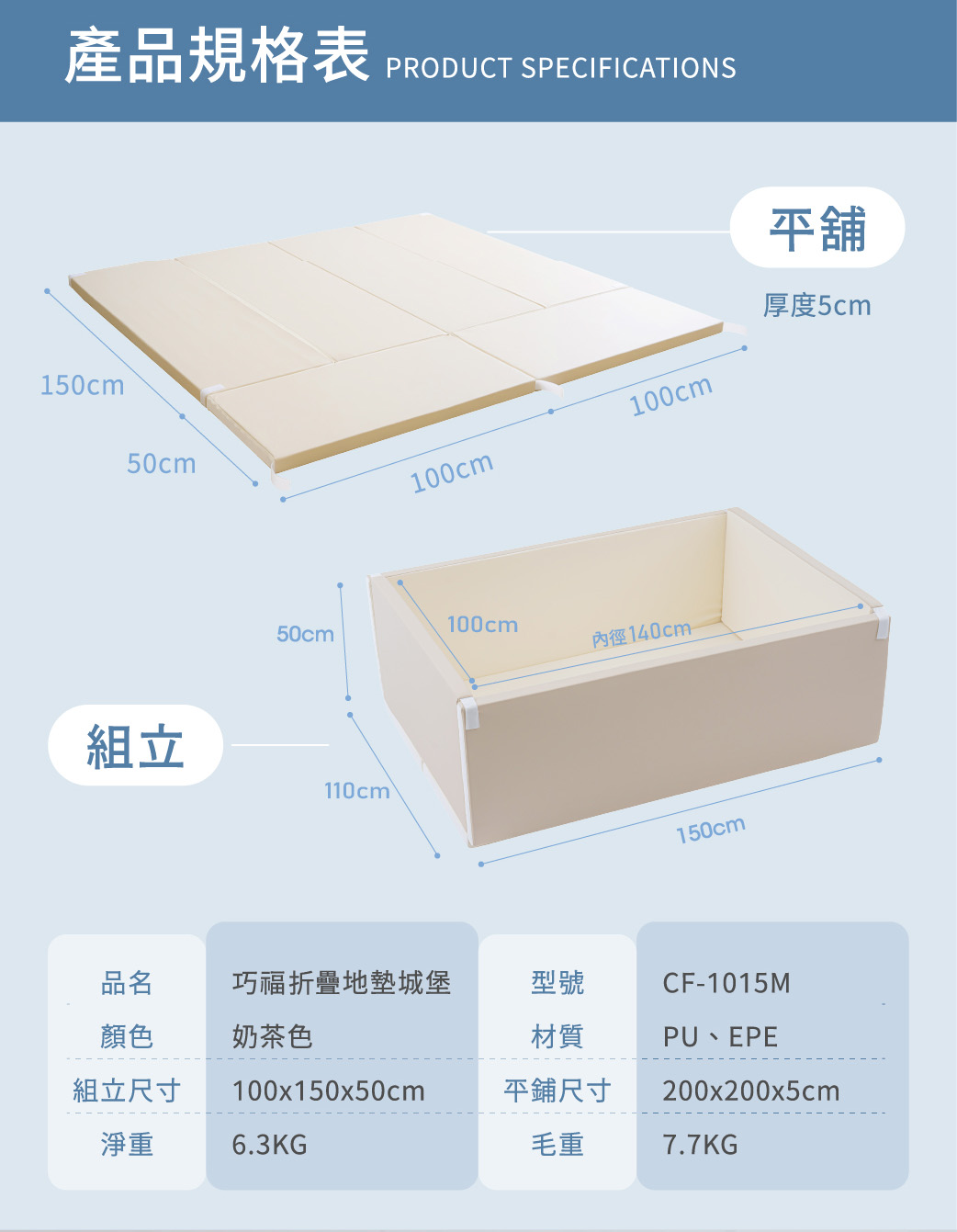 【巧福】折疊地墊城堡 -奶茶色 CF-1015M(無毒抗菌/韓國同款/圍欄/遊戲墊/居家墊/防滑)