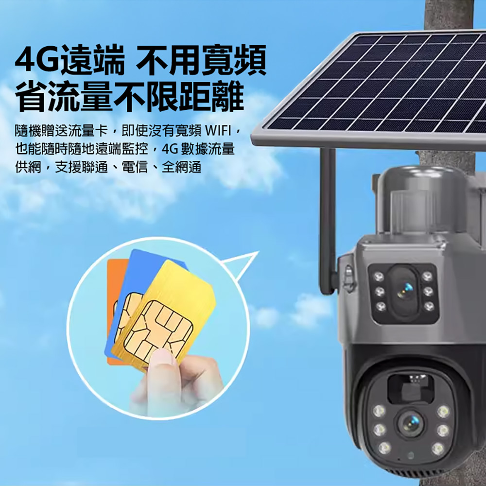 監控王 Q12-8 4G智慧太陽能雙鏡頭監視器(可插4G網卡 400萬高畫質錄影 360度 雙畫面同屏 多人監控)