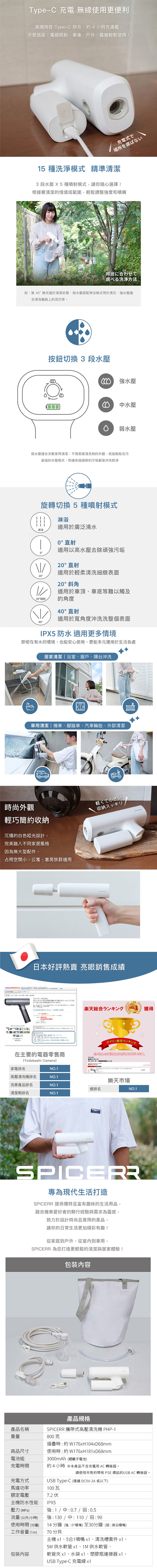 SPICERR 攜帶式高壓清洗機PHP-1 輕量800g 贈獨家組合