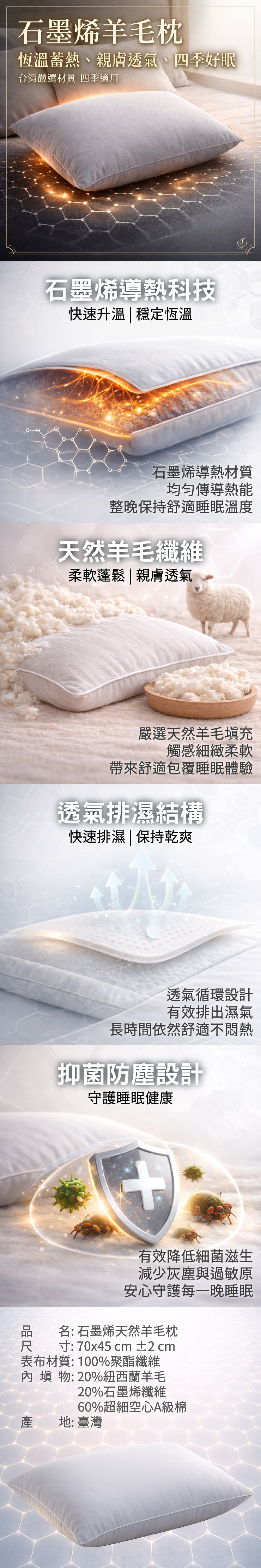 【家購網嚴選】石墨烯天然羊毛枕 70x45cm/顆