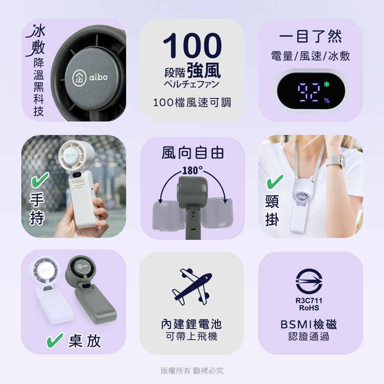 aibo 半導體冰敷 折疊頸掛 100檔調速手持風扇
