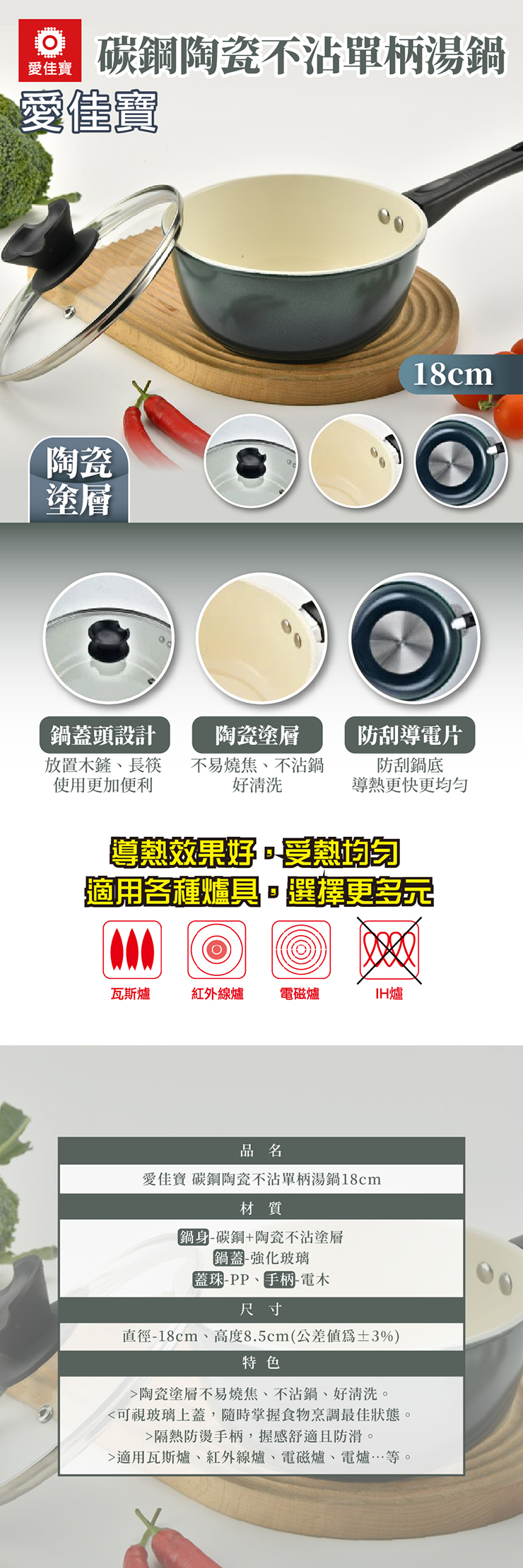 【愛佳寶】碳鋼陶瓷不沾單柄湯鍋18cm