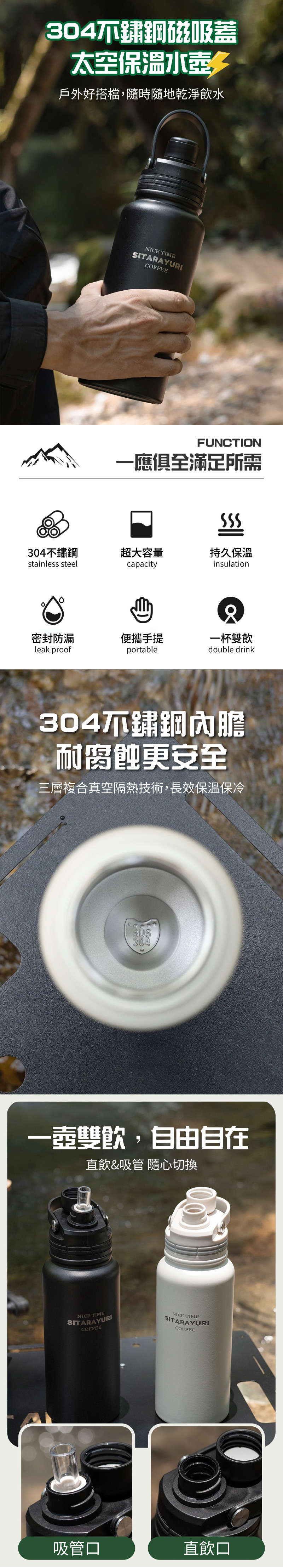 【APEX】304不鏽鋼磁吸蓋太空保溫水壺800ML