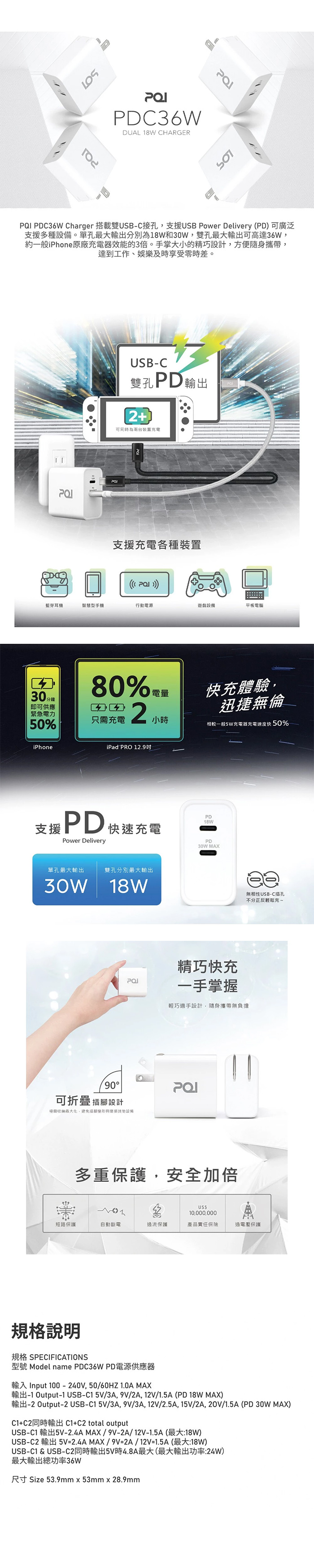 【盒損福利品】【PQI】PD36W 雙USB-C 電源供應器/充電器/充電頭