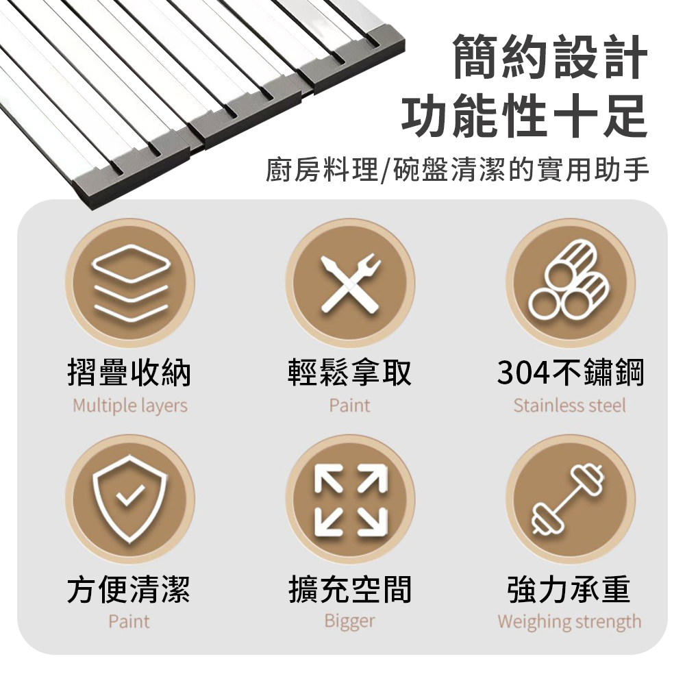 304不鏽鋼可折疊寬邊矽膠瀝水架(45cm)