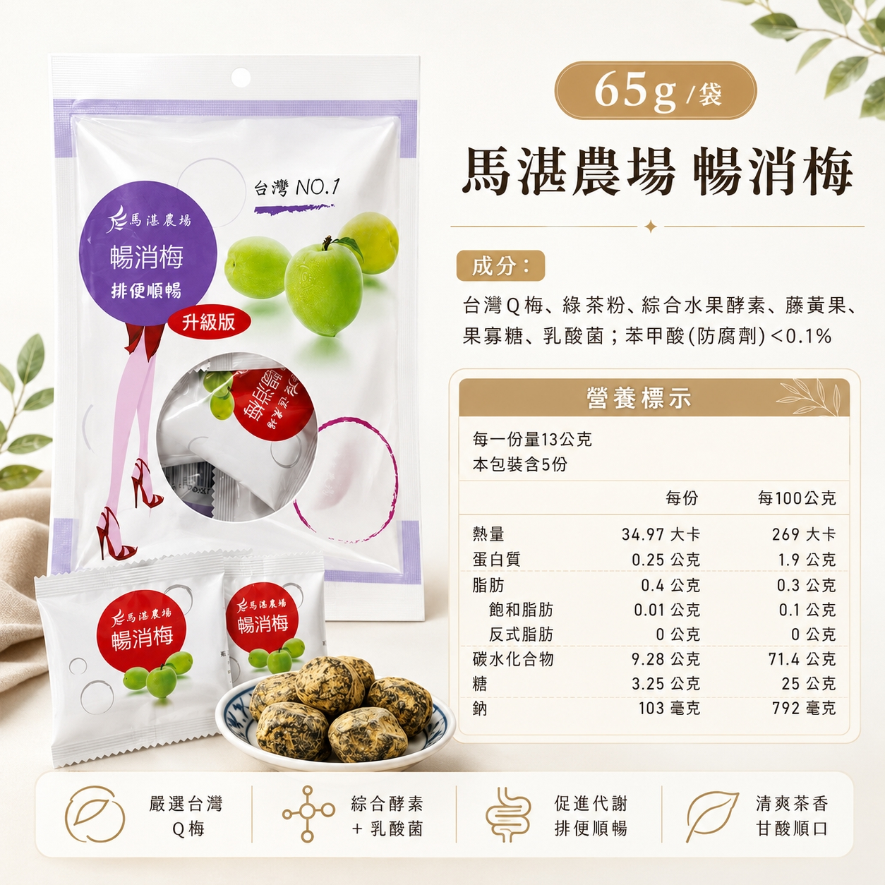 馬湛農場 暢消梅 65G 袋裝【小姐不熙娣推薦】暢銷梅 讓你肚子不卡卡 酵素梅