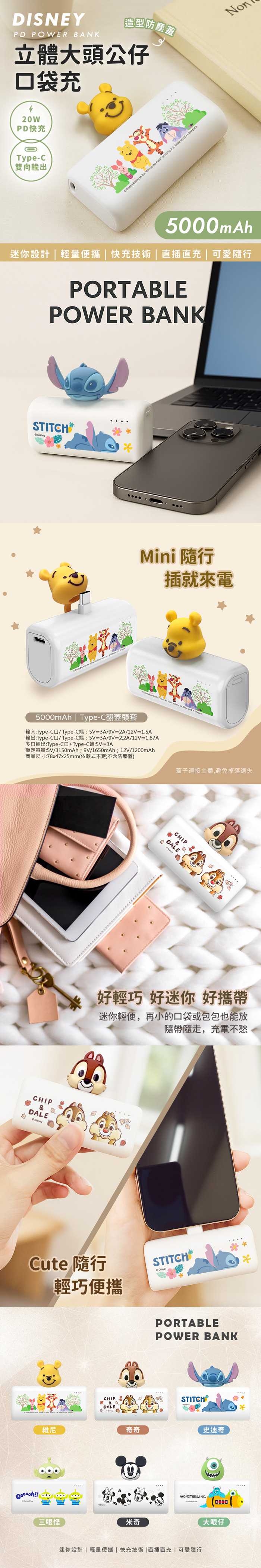 【正版授權】SNOOPY史努比/Disney迪士尼 立體大頭公仔口袋充5000mAh