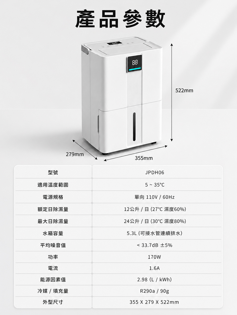 【JJPRO 家佳寶】12L 智能除濕機 2026最新一級能效 (JPDH06)