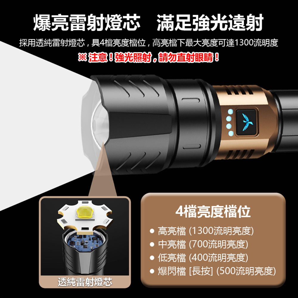 SF-SD-1097J-8 天火蒼龍極光炮爆亮強光雷射燈伸縮變焦聚散光遠射照明防水手電筒(1300流明 4檔調光)