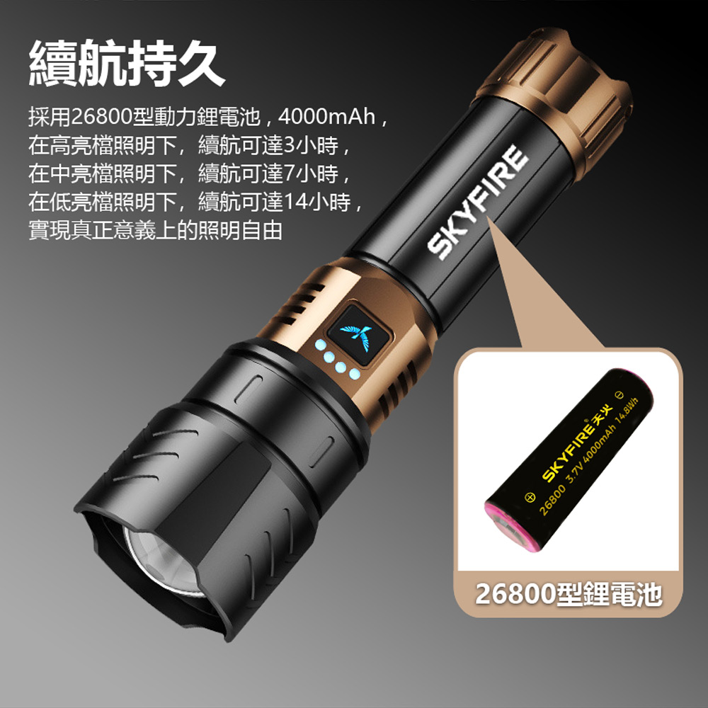 SF-SD-1097J-8 天火蒼龍極光炮爆亮強光雷射燈伸縮變焦聚散光遠射照明防水手電筒(1300流明 4檔調光)