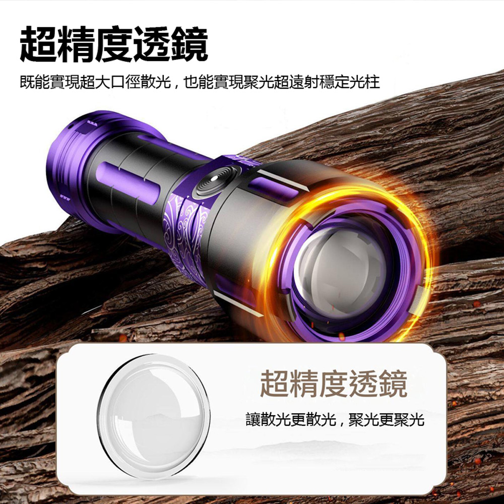 SF-2019J 天火麒麟超亮強光雷射燈+透鏡聚光應急點火 伸縮變焦聚光散光遠射照明手電筒(6檔調光)
