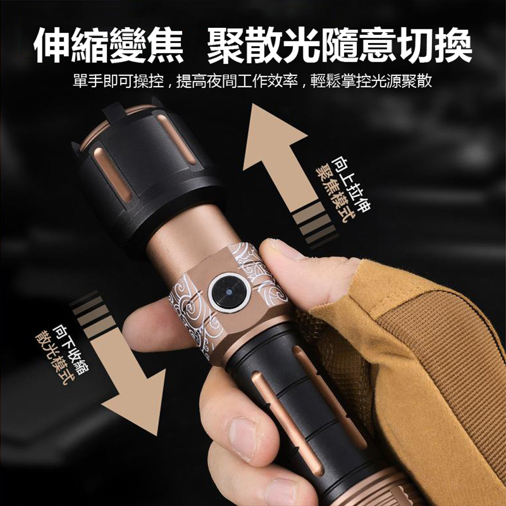 SF-2019J 天火麒麟超亮強光雷射燈+透鏡聚光應急點火 伸縮變焦聚光散光遠射照明手電筒(6檔調光)
