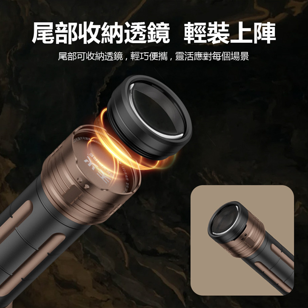 SF-2019J 天火麒麟超亮強光雷射燈+透鏡聚光應急點火 伸縮變焦聚光散光遠射照明手電筒(6檔調光)