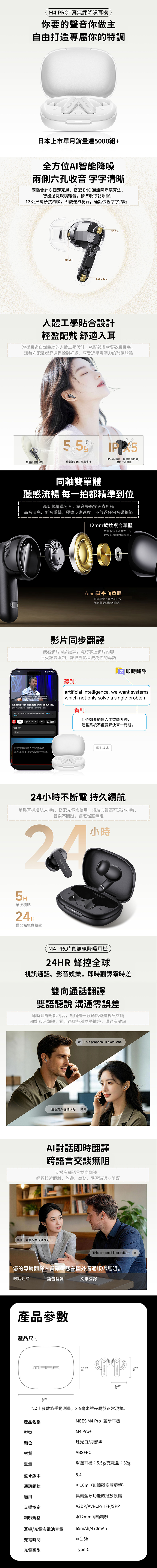 MEES M4 pro+ 入耳式AI即時翻譯智能降噪耳機