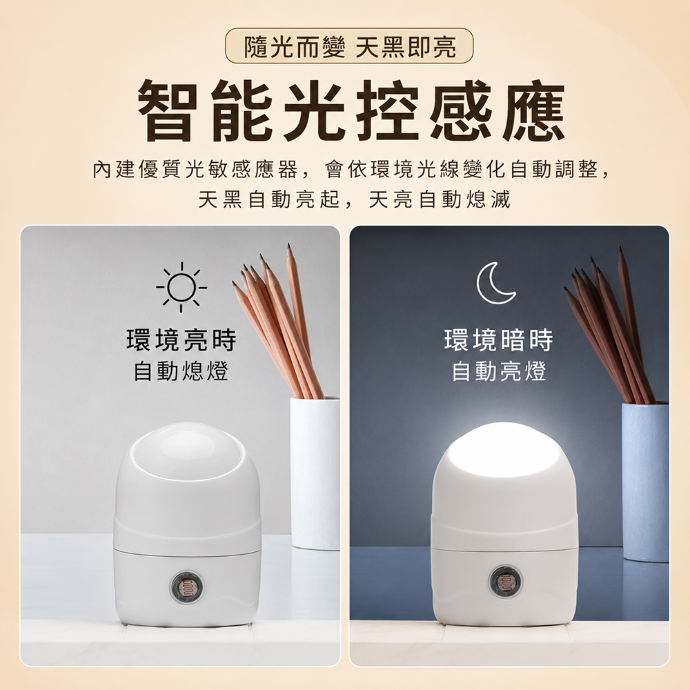 LED光感應節能小夜燈 360°旋轉插座燈 臥室走廊柔光照明燈 白光 / 暖光
