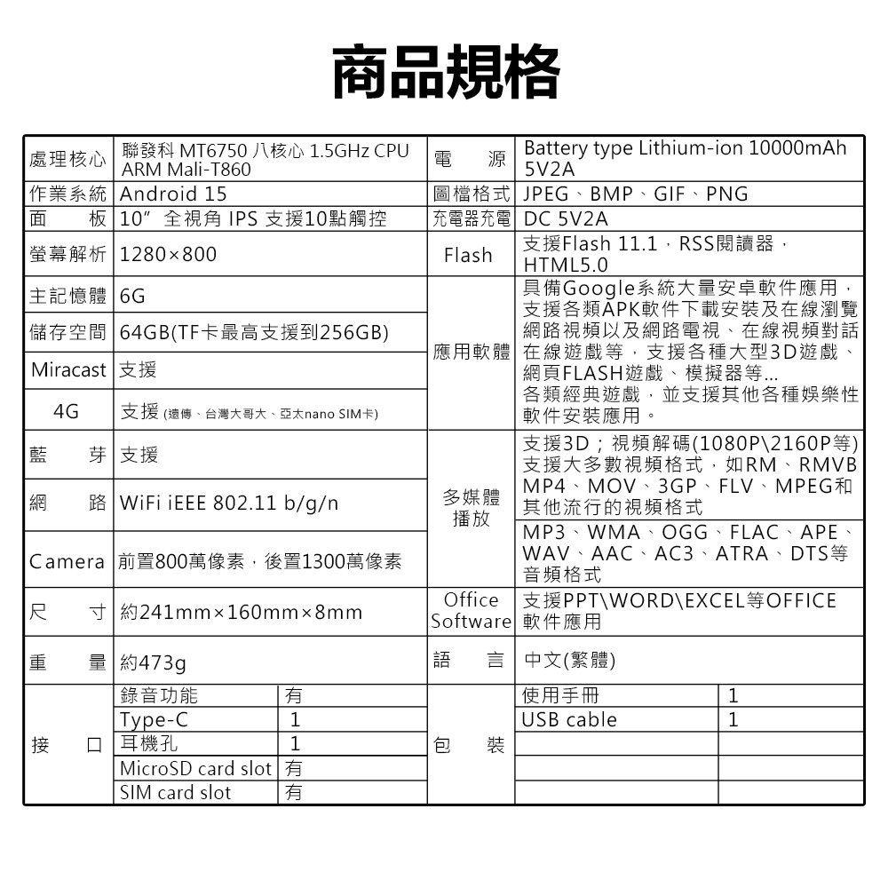 LIBO I17PRO 4G LTE 10.1吋平板電腦 6G/64G 附豪華大全配(八核心 安卓15 IPS大螢幕 10000mAh)
