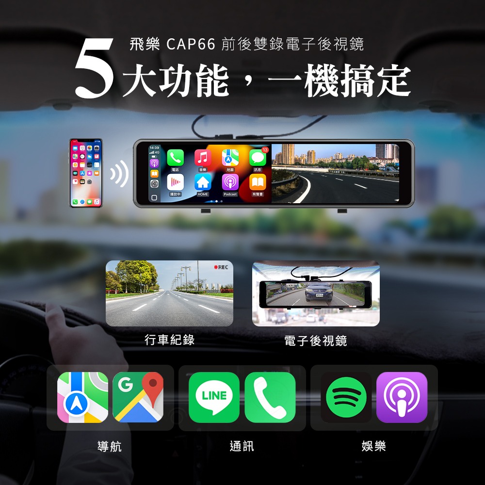 CarPlay/Android Auto 4K高畫質 雙鏡頭行車紀錄器 電子後視鏡 CAP66【贈64G記憶卡】