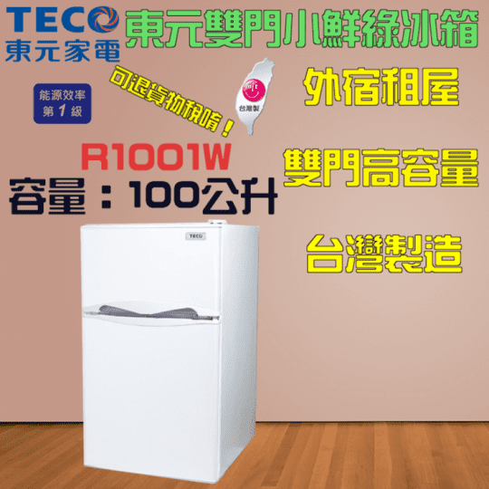 【TECO 東元】100公升一級能效小鮮綠雙門冰箱(R1001W)