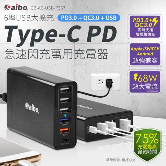 Aibo 68w急速閃充萬用充電器 Cb Ac Usb P367 生活市集