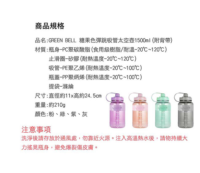 【GREEN BELL綠貝】超止滑彈跳吸管太空水壺1500ml、2000ml