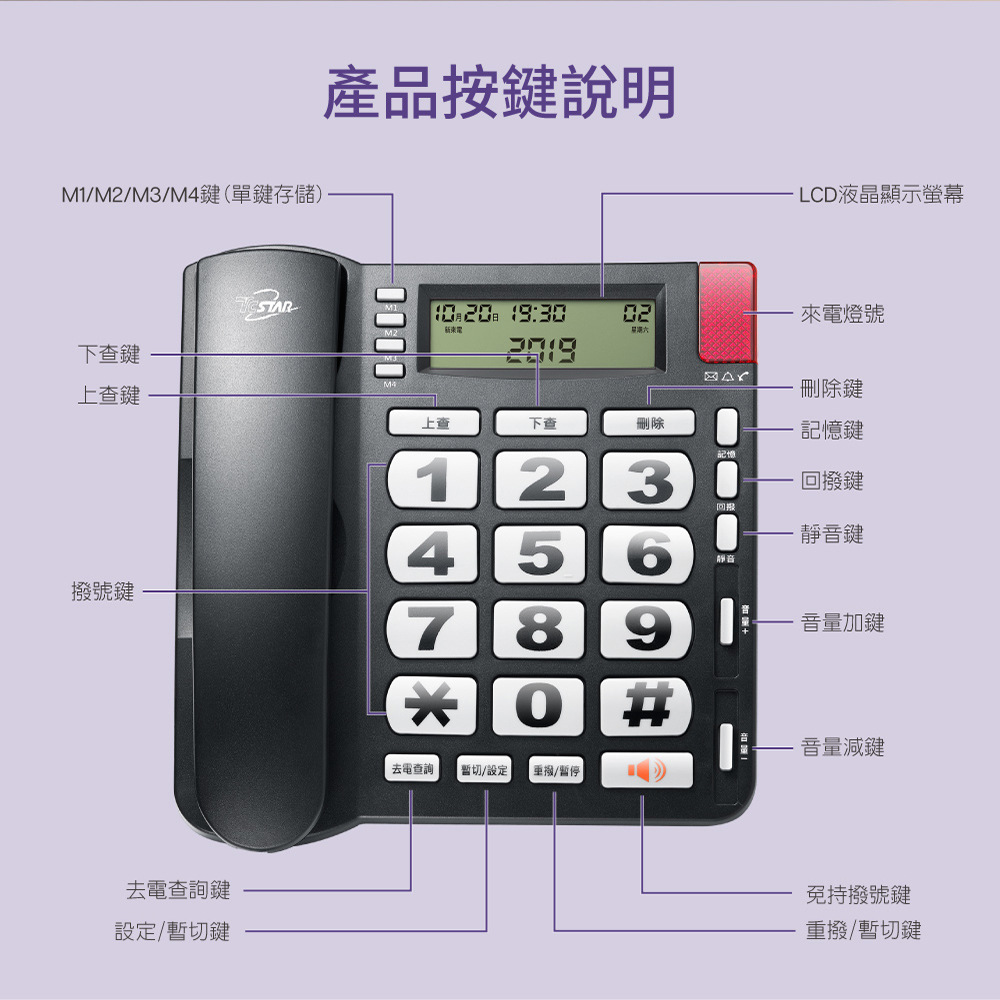 【TCSTAR】雙制式來電顯示大字鍵有線電話 TCT-PH200