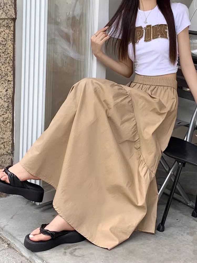 韓版時尚設計感褶皺拼接鬆緊腰長裙 M-XL 多色 