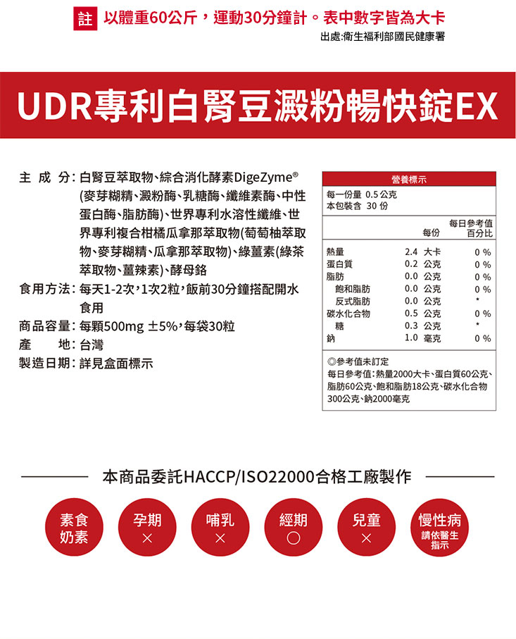 【UDR】專利白腎豆澱粉暢快錠EX (30顆/袋) 餐前2錠打卡 綜合消化酵素