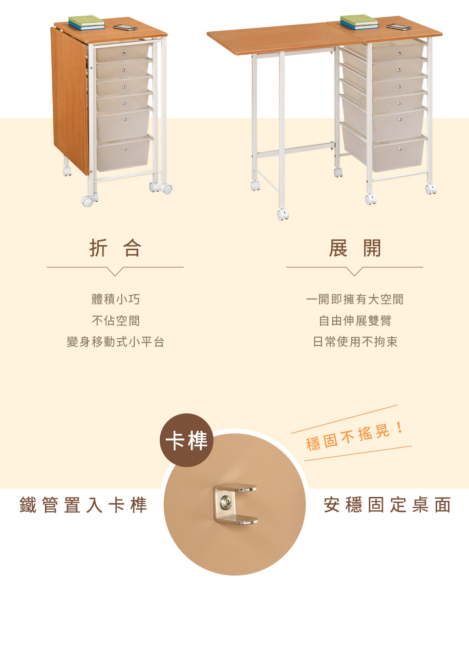 【AAA】MIT六抽移動式折疊桌-2色可選