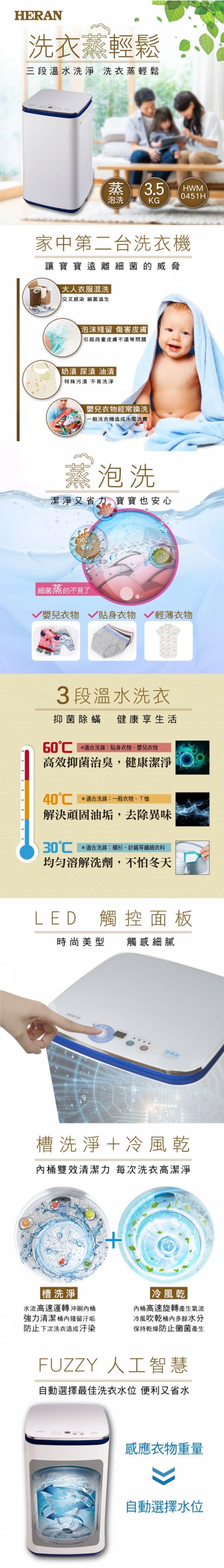 【HERAN 禾聯】3.5kg溫控蒸泡洗直立洗衣機(HWM-0451H)
