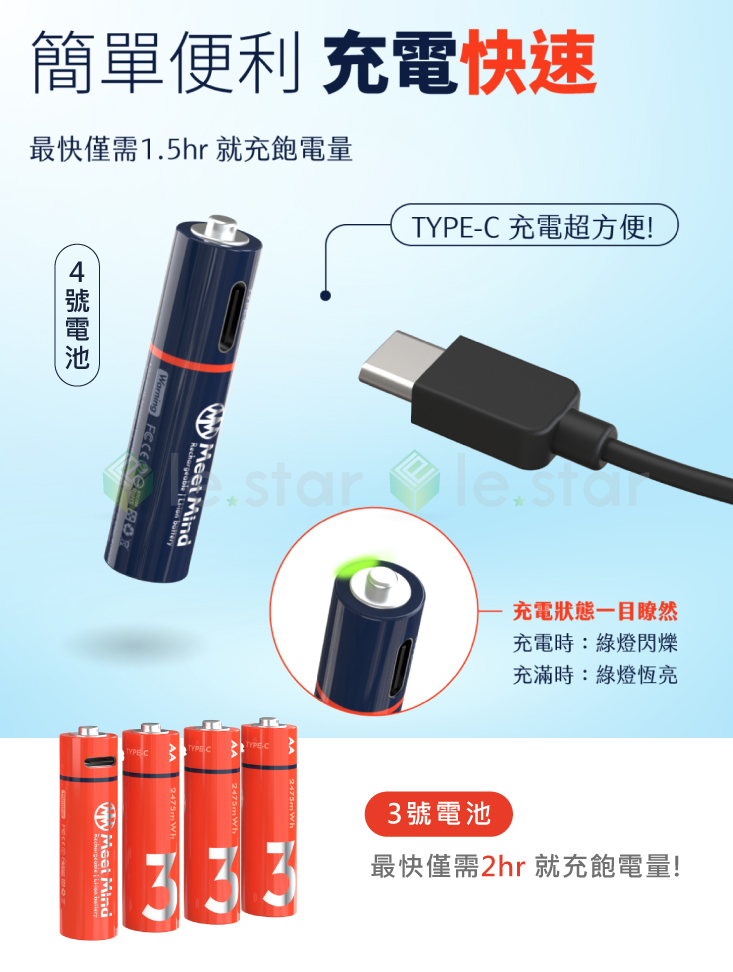 【Meet Mind】USB充電式鋰電池(4入電池+充電線) 3號電池／4號電池